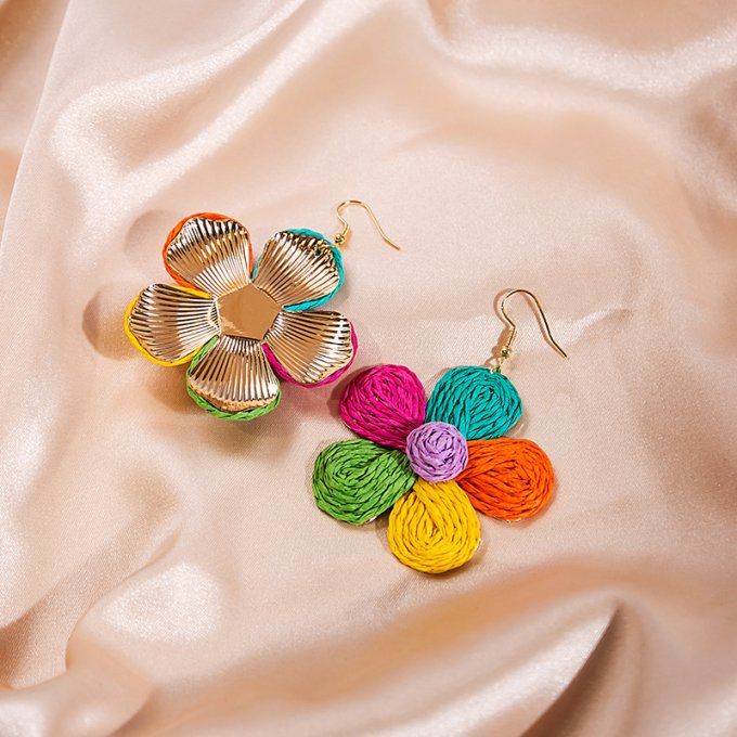 Crochet D'oreille Bohemien  Fleur Raphia 