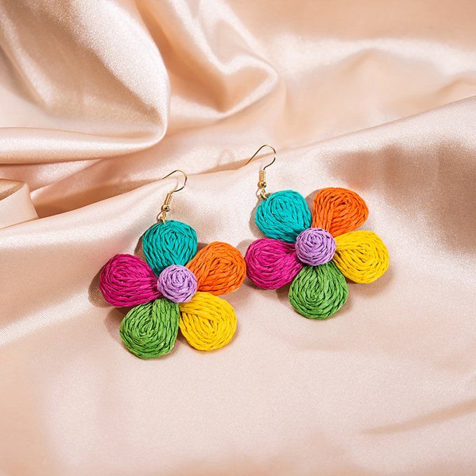 Crochet D'oreille Bohemien  Fleur Raphia 